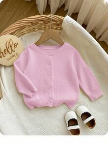 SHEIN Baby Girls' Solid Color Casual Minimalist Button-Front Cardigan - Pink - View 3