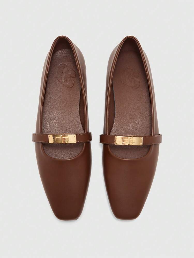 CUCCOO BIZCHIC Women's Square Toe Flat Brown Metal Buckle Slip-On Casual Mary Jane Flats, Comfortable And Suitable For Commuting With Dresses For Christmas Spring Shoes