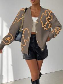 SHEIN Unity Women's Casual Floral Pattern Front Button Dropped Shoulder Cardigan, Autumn/Winter - Chocolate Brown - View 3