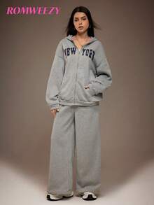 Sparklyn 2件套秋冬少女连帽衫套装，撞色英文印花图案拉链外套+配套长裤 - 撞色印花混搭街头风，保暖针织面料连帽衫适合秋冬季节，略微宽松的版型留有成长空间，充满活力的校园和街头风格！ - 灰色 - 查看 7