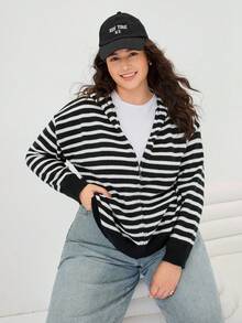 SHEIN EZwear Plus Size Black & White Striped Print Zip-Up Casual Long Sleeve Hoodie Sweater Autumn Winter Clothes For Women - Black and White - View 5