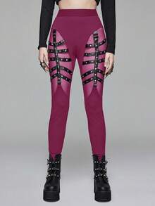 ROMWE Gothic Punk Style Women's Skinny Leggings With Straps And Rivets - Purple - View 7