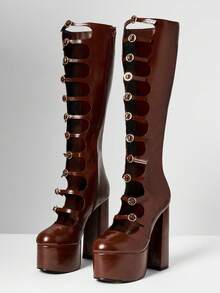 SHUZIA Fashionable Run-Way Ladies' Chocolate Faux Leather Pu Thick Platform Chunky Heel Knee High Round Top Multi Buckle Strap Comfort Fall Winter Holiday Shoe For Christmas Valentine's Day - Chocolate Brown - View 5