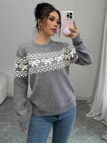 Selianne 女士休闲圆领蝴蝶结长袖套头毛衣，秋冬款 - 灰色 - 查看 6