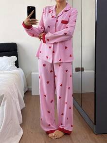 Dream Adore Striped Heart Patchwork Lapel Collar Pajama Set For Women Long Sleeve Heart Pajama Set Two Pieces Sleepwear Set Pajamas Set, Winter Clothes - Red - View 6