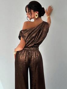 Firerie Conjunto de blusa suelta sin hombros asimétrica con detalles metálicos sin mangas y pantalones de pierna ancha con cintura elástica, adecuado para citas, fiestas, ir al trabajo, conciertos, graduaciones, atuendos de maestros, ocasiones formales - Marrón - Ver 6