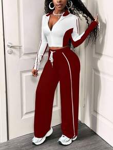 SHEIN BamGlam Bộ đồ thường ngày 2 món cho nữ, thiết kế khối màu, áo khoác dài tay có khóa kéo và quần dây rút, mùa thu - Màu Đỏ Sâu - Xem 3