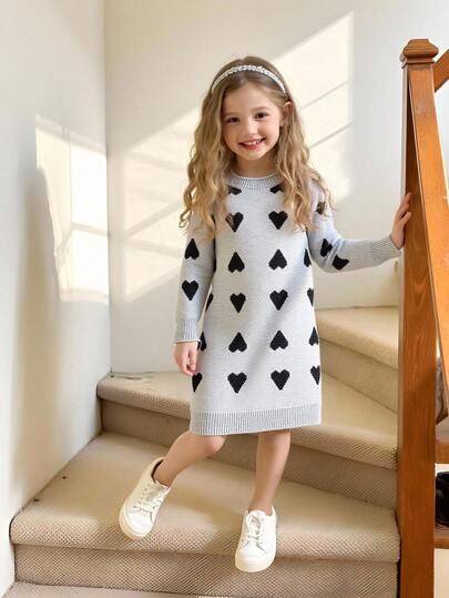 女孩新款心形图案长袖休闲毛衣裙，适合居家、外出、聚会和返校