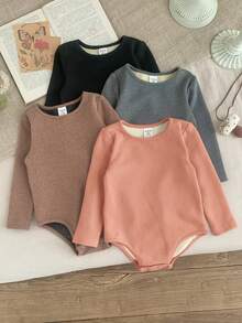 SHEIN 4件套女婴纯色针织长袖连体衣，休闲简约风格，适合室内、户外滑雪、日常穿着、运动、玩耍、派对、摄影、圣诞节以及秋冬季其他场合。 - 彩色 - 查看 6