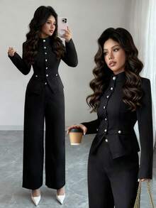 SHEIN PETITE Bộ áo và quần cổ lọ cho nữ - màu đen - Xem 4