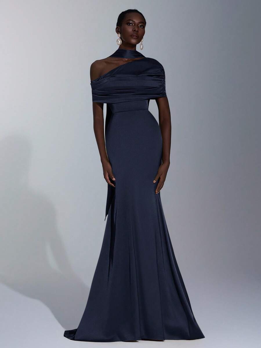 Elitara 优雅、浪漫、性感、时尚、绿色、弹力缎面、鱼尾下摆、拖尾、潮流、网红、假日、度假、生日派对、婚礼、伴娘礼服 - 藏蓝色 - 查看 1