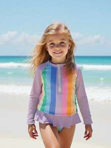 SHEIN 少女彩色条纹泳衣套装 - 紫色 - 查看 3