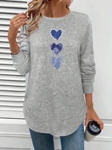 SHEIN LUNE 女士休闲不对称下摆运动衫，适合秋冬季，心形印花 - 灰色 - 查看 3