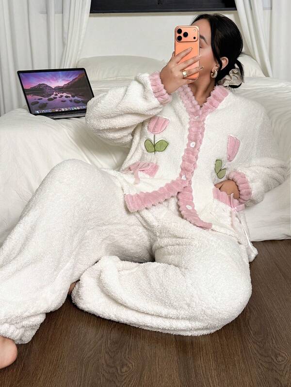 Dream Adore Große Größen Kontrast Farbblock Patchwork Schleife Tulpen Stickerei gemütlicher Langarm Pyjama Set