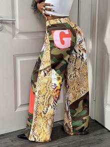 Slaydiva Women's Fashion Camouflage & Snake Skin Print Patchwork Wide Leg Jeans, Patchwork Jungle Theme Jeans - Multicolor - View 2