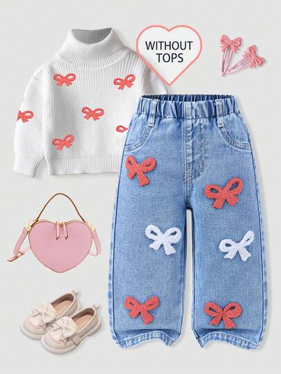 Baby Girls' Denim Wide Leg Pants, Sweet & Cute Casual Vacation Style, Recommended For School Outfit, Pink & Purple Butterfly Embroidered Felt Applique, Light Blue Washed Denim, Elastic Waistband For Comfort And Easy Wear, Loose Fit, Suitable For Home, Outings, Dates, Weekends, All-Year Versatile Denim Wide Leg Trousers