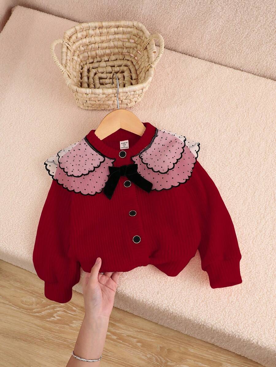 SHEIN Young Girls' Sweet & Cute Pink Long Sleeve Polka Dot Mesh Ruffle Collar Jacket With Black Velvet Ribbon Bow And Gold-Edged Buttons, Comfortable Single-Piece, Suitable For Spring/Autumn Back-To-School Season And All Year Round - Red - View 1