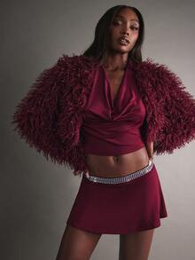 Hauture Sexy Party Night Out Halter Backless Plunge Neck Top - Burgundy - View 3
