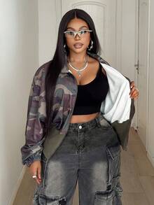 Maweii 大码休闲迷彩印花长袖卫衣外套 - 軍綠色 - 查看 6