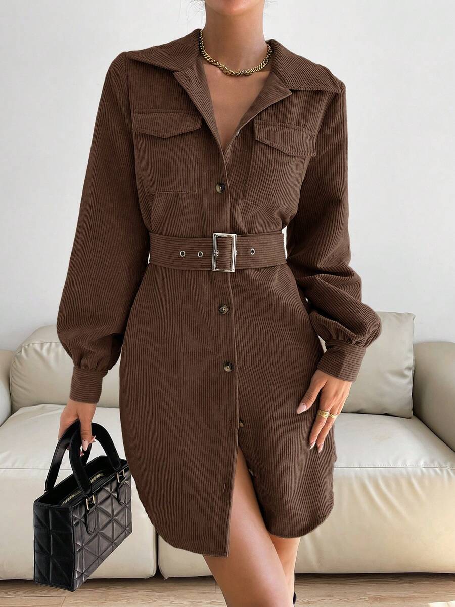 Siren Gaze 女士纯色前扣灯芯绒休闲长袖连衣裙 - 咖啡棕 - 查看 1