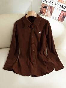 Modelyn New Autumn Classic Corduroy Embroidery Design Casual Shirt - Brown - View 1