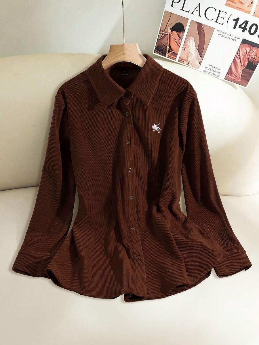Modelyn New Autumn Classic Corduroy Embroidery Design Casual Shirt - Brown - View 1