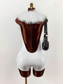 Y2K Amplova Party Style Silver Furry Neck Splice PU Sexy Women's Jumpsuit Women Body Suit Backless Sexy Women Clothes Bodysuits For Women Sexy, Autumn/Winter Thanksgiving And New Year Party - Multicolor - View 5