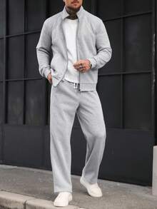 Manfinity CasualCool 男士休闲日常通勤简约纯色高领拉链外套搭配抽绳直筒裤套装，秋季款