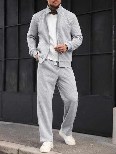 Manfinity CasualCool 男士休闲日常通勤简约纯色高领拉链外套搭配抽绳直筒裤套装，秋季款