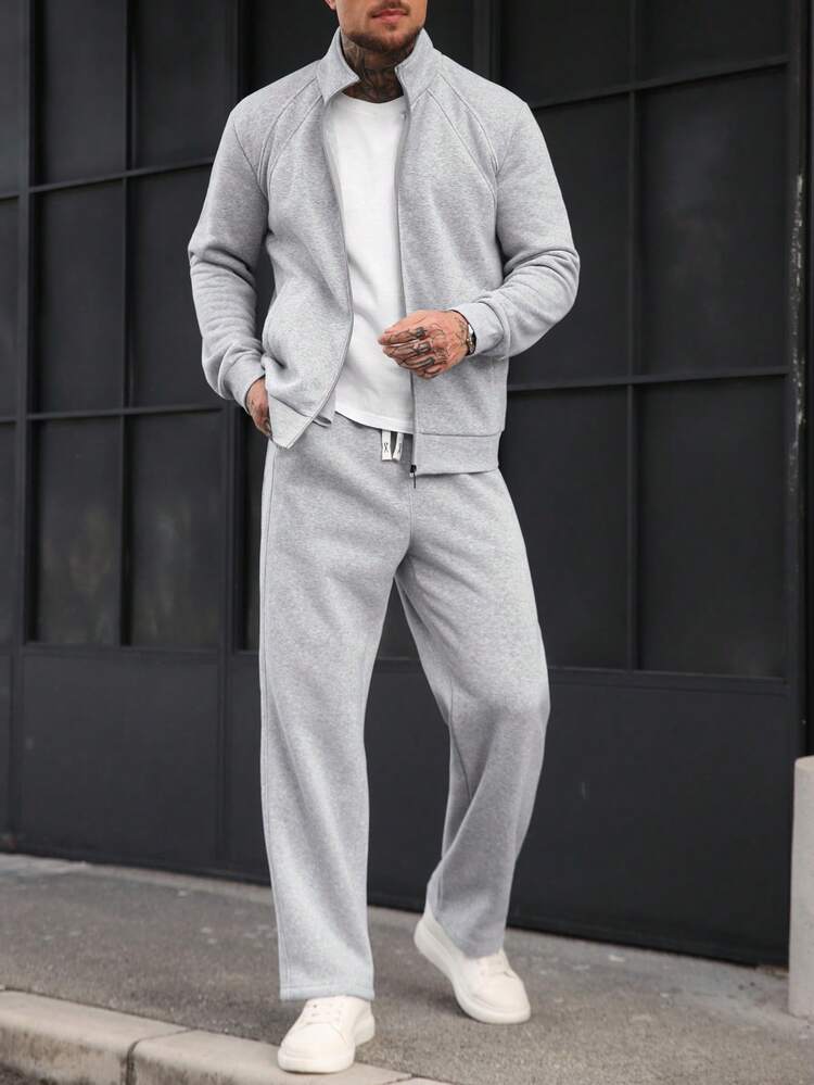 Manfinity Homme メンズカジュアル 通勤 シンプル 無地 ハイカラー ジップアップジャケット ドローストリング ウエスト ストレートレッグパンツ セット 秋 - グレー - 見る 1