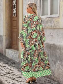 Brillora Autumn/Winter Casual Vacation V-Neck Tassel Tie Bohemian Style Printed Long Sleeve Dress For Women - Multicolor - View 2