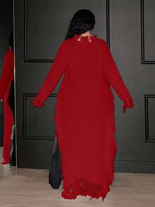 Maweii Plus Size Fashion Tassel Decor Short Front Long Back Sweater Knit Pullover Fall Winter Autumn Party Red - Red - View 2