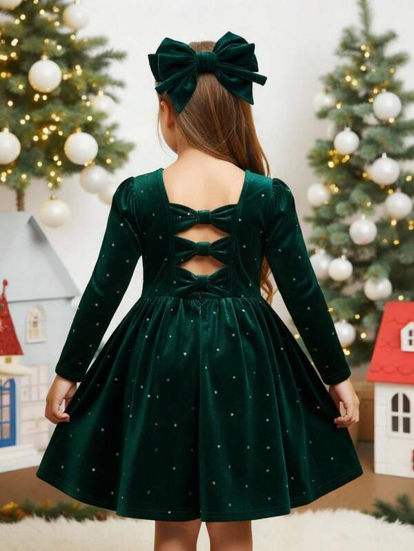 Vestido de manga larga elegante y lindo de terciopelo verde para niña