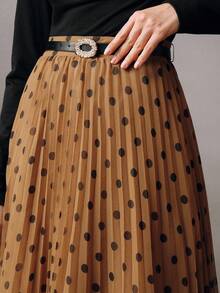 Anewsta Elegant New Polka Dot A-Line Pleated High Waist Zipper Belt Skirt, Apricot Color, Suitable For Going Out, Autumn/Winter - Apricot - View 1