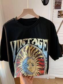 SHEIN EZwear Plus Size Loose Pink Sunflower Print T-Shirt, Spring/Summer - Black - View 6