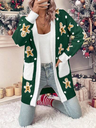 LanaWest Cárdigan con bolsillos duales y ribete de contraste con estampado de oso para ropa de Año Nuevo