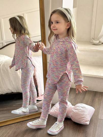 Elladie kids 2pcs Young Girls Rainbow Candy Color Hooded Sweater And Elastic Waist Loose Soft Knit Pants Set, Casual Spring/Autumn