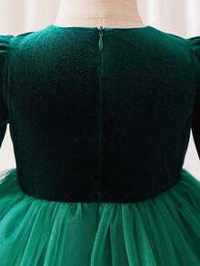 Glamorique Kids Girls' Green Velvet Evening Dress With Tulle Puff Skirt, Satin Bow Decoration, Long Sleeves, Baby Birthday Dress, Banquet Party Costume, Stage Performance Costume, High-End Children's Dress - Green - View 3