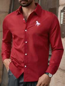 Manfinity VCAY Men's Embroidered Solid Color Regular Fit Long Sleeve Casual Button-Up Shirt Elf - Red - View 6