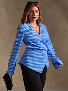SHEIN LUNE Plus Size Women Asymmetric Hem Wrap Striped French Style Casual Shirt With Waist Gathering, Autumn/Winter - Blue - View 3
