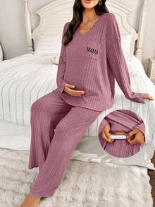 Moonlight&Mama Maternity Casual Letter Embroidery Pocket V-Neck Long Sleeve Top And Pants Loungewear Set Pregnancy Clothing , Fall & Winter - Redwood - View 1