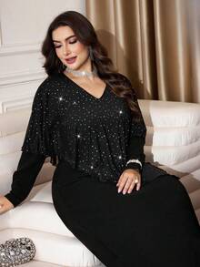 Modelyn Plus Size Elegant Party Sequin Patchwork Dress - Black and White - View 1