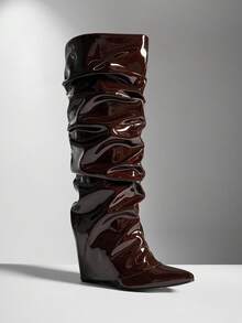 SHUZIA Women's Fashionable Comfortable Knee-High Pointed Toe Slouch Wedge Boots, Suitable For Daily Casual & Holiday Wear For Christmas - Chocolate Brown - View 6
