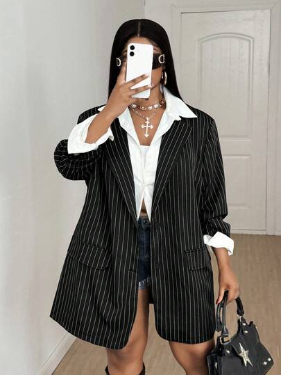 Maweii 大码女式条纹翻领长袖休闲宽松外套