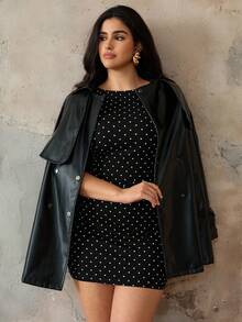 Roveilla 大码女式波点无袖褶皱腰修身短裙，优雅秋季，女士秋冬服装，机场旅行装，大码秋冬服装，浪漫连衣裙，婚礼宾客礼服，紧身连衣裙，晚礼服，正式礼服，生日礼服 - 黑與白 - 查看 3