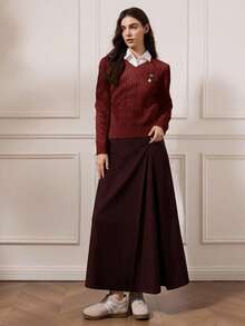 Briarwyn 秋冬季复古风女式V领长袖休闲百搭麻花毛衣，返校季，运动套装，复古女装，保暖毛衣 - 酒紅色 - 查看 4