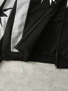 ROMWE MEN Street Life Men's Casual Fashionable Street Graphic Print Colorblock Zip-Up Drawstring Hoodie, Spring/Autumn, Long Sleeve Top - Black - View 4