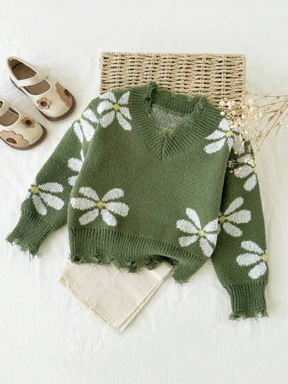Fashionable Casual Everyday Short Floral Jacquard V-Neck Pullover Sweater For Young Girl Cute Sweaters For Kids Girl Clothes Autumn And Winter Clothes Toddler Sweater Girls Sweater Autumn And Winter Clothes Kids Sweaters For Girls Girl Clothes Autumn And Winter Sweater For Kids Kids Jumper Girl Knit Girl Sweater For Kids Sweater Autumn Clothes Winter Clothes Girl Clothes Girl Knit Sweater Green Sweater Girls Girls Autumn Winter Clothes Flower Pattern Sweater