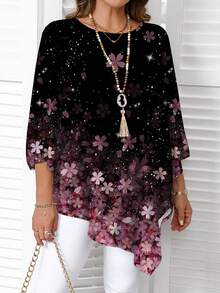 SHEIN CURVE+ Minimalist Casual All-Over Printed Plus Size Long Dress Plus Size Floral Blouse Plus Size Blouses 8xl Women Clothes 6xl Plus Womans Clothes 5xl Plus Size Dresses Autumn Chic Blouses For Women