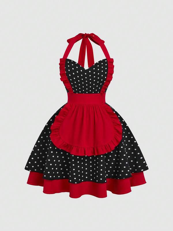 Sweetra Christmas Red Party Plus Size Polka Dot Print Ruffle Trim Contrast Color Dress